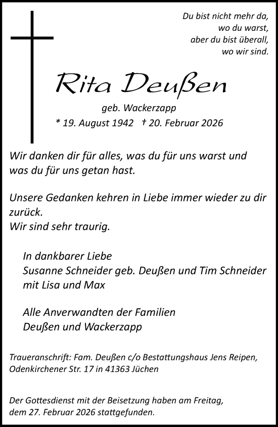 Traueranzeige von Rita Deußen von trauer.stadt-kurier.de