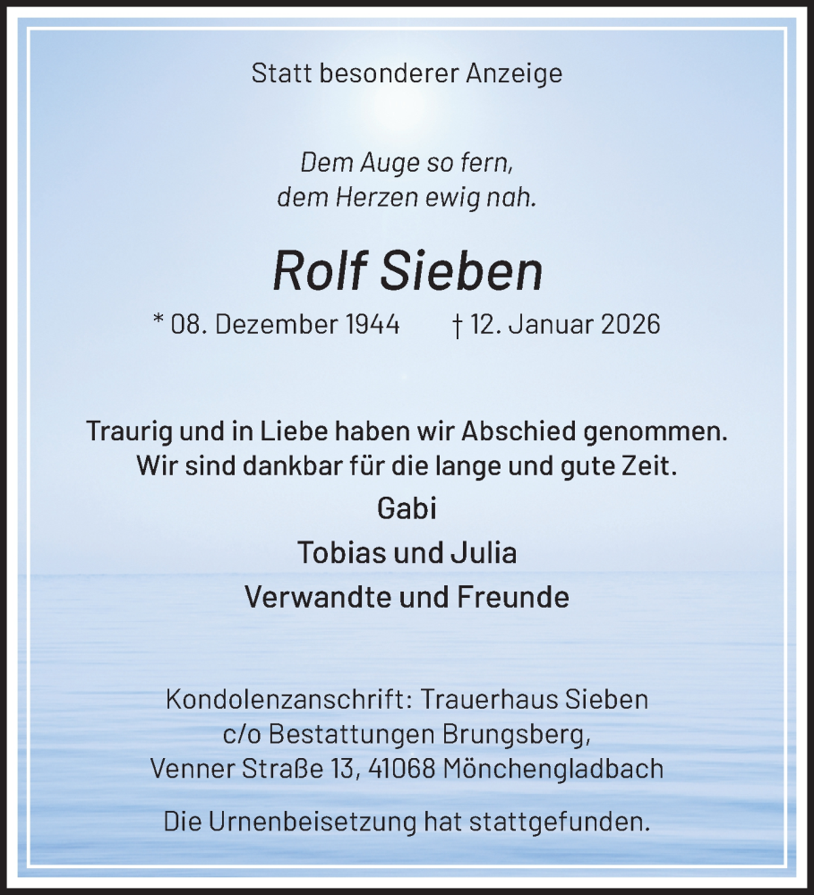  Traueranzeige für Rolf Sieben vom 01.02.2026 aus trauer.panorama-anzeigenblatt.de