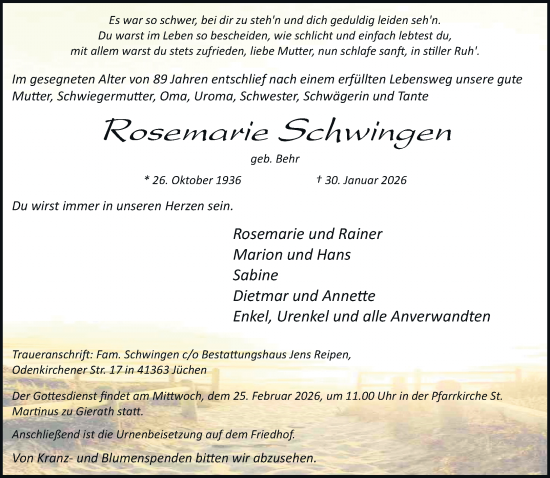 Traueranzeige von Rosemarie Schwingen von trauer.stadt-kurier.de
