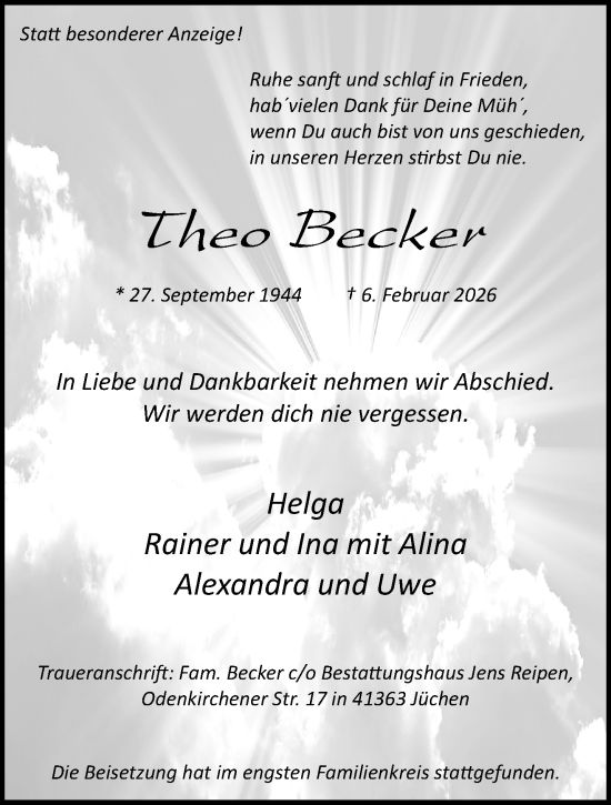 Traueranzeige von Theo Becker von trauer.stadt-kurier.de