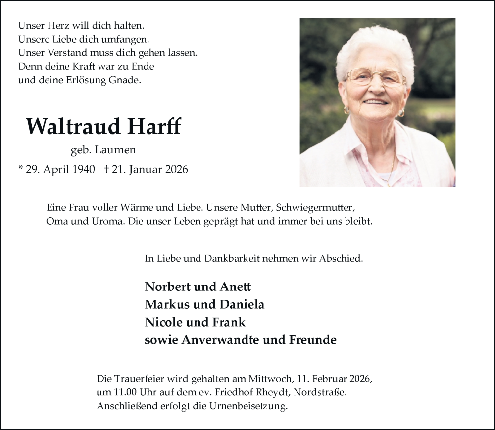  Traueranzeige für Waltraud Harff vom 01.02.2026 aus trauer.panorama-anzeigenblatt.de