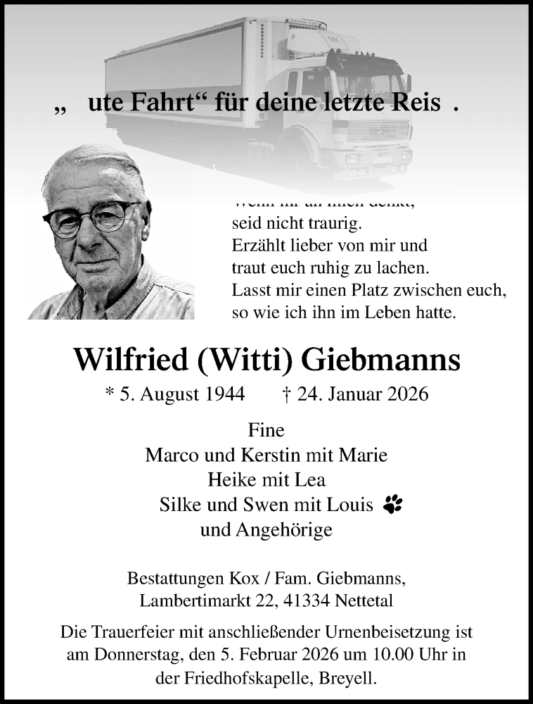  Traueranzeige für Wilfried Giebmanns vom 01.02.2026 aus trauer.panorama-anzeigenblatt.de
