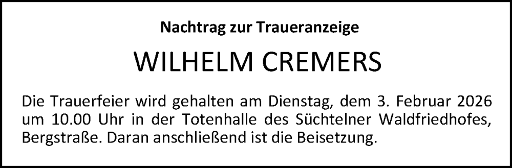  Traueranzeige für Wilhelm Cremers vom 01.02.2026 aus trauer.panorama-anzeigenblatt.de